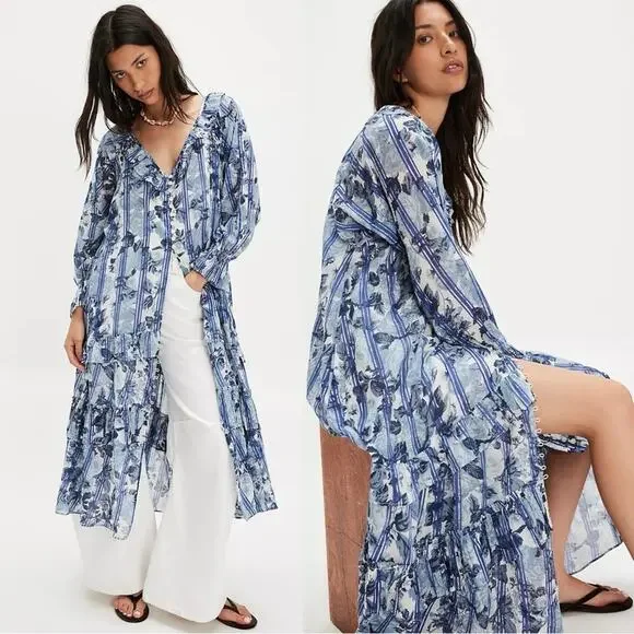 Free People Dainty Ruffle Cottage Garden Wonders Maxi Dress in Blue Combo Large - Picture 2 of 14